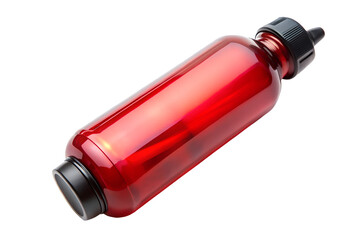 Shiny red plastic bottle with black cap, isolated on transparent background