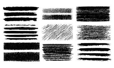 Grungy textured brush strokes, chalk and charcoal scribbles, pastel crayon lines collection. Rough hand-drawn shapes and streaks, artistic graphic elements for banners, backgrounds, textures