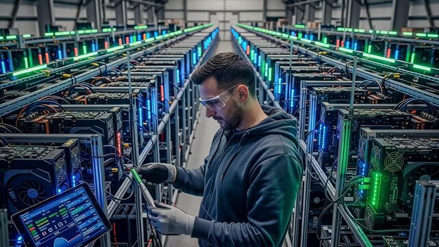 Man inspecting data server racks with tablet in a cryptocurrency mining farm, technology footage.