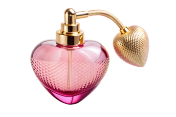 Pink heart shaped perfume bottle with gold atomizer isolated on transparent background