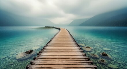 Wooden pier extending into a serene turquoise lake surrounded by misty mountains under a cloudy sky