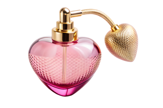 Pink heart shaped perfume bottle with gold atomizer isolated on transparent background