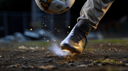 Bootmaker striking a ball with particles flying