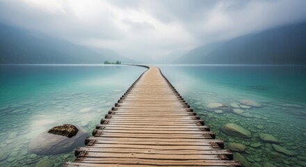 Wooden pier extending into a serene turquoise lake under a dramatic cloudy sky inviting exploration and contemplation