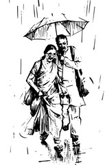 Illustration of a couple walking in the rain under an umbrella in black and white ink style