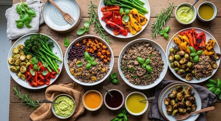 Overhead view of a vibrant and healthy assortment of vegetarian and vegan buddha bowls filled with colorful vegetables and grains