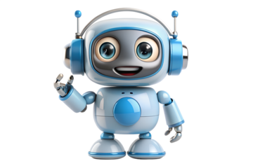 Cute blue robot with headphones waving hello, isolated on transparent background