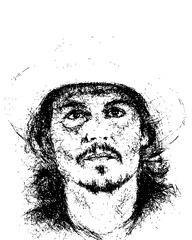 Sketch style portrait of a man with a hat looking up with a beard and long hair in black and white