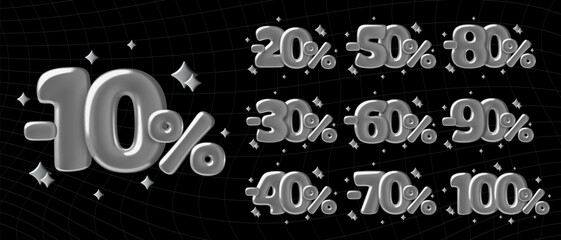 Silver 3d numbers and percentage sign. From 10 to 100 percent off discount design with y2k sparkles on dark background. Vector illustration.
