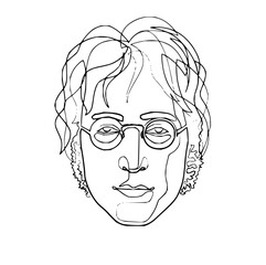 Line drawing of a man with round glasses and curly hair in black and white minimalist style portrait
