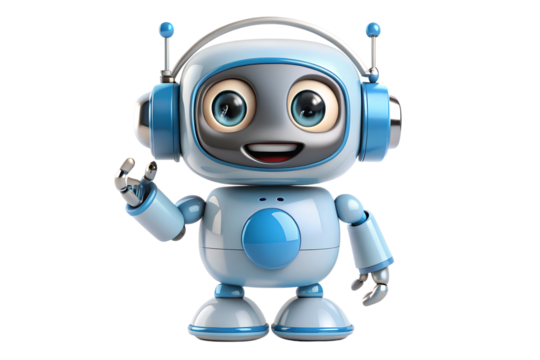 Cute blue robot with headphones waving hello, isolated on transparent background