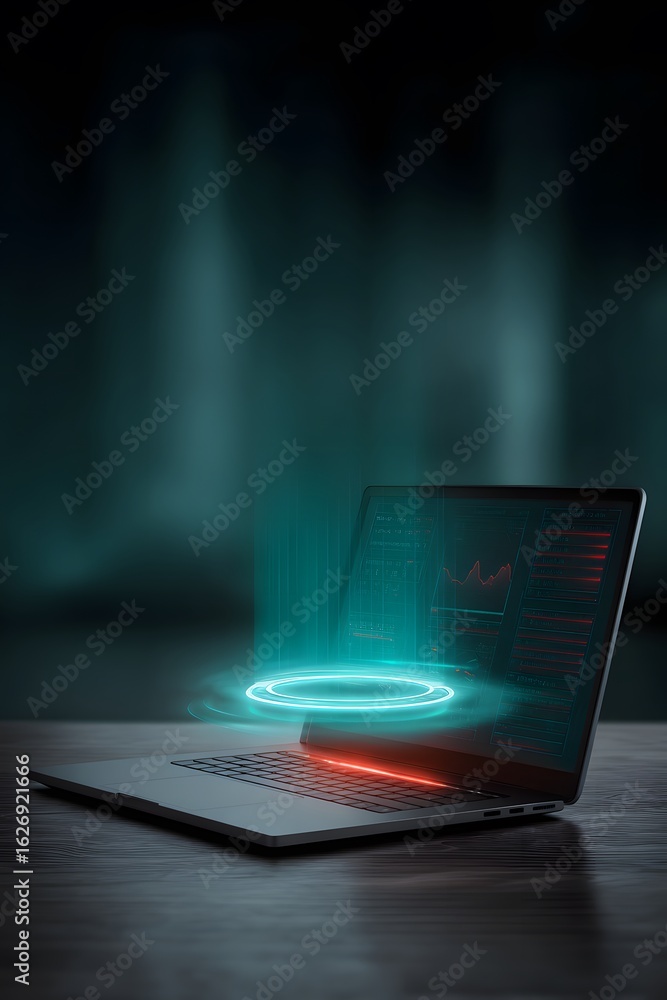 Aufkleber laptop with holographic display projecting data visualization, showcasing modern technology and inno