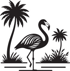 Fototapeta premium Silhouette of a Flamingo Standing Among Palm Trees and Grass tropical bird