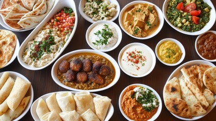 Variety of Indian Dishes Served in Bowls and Plates on Wooden Table
