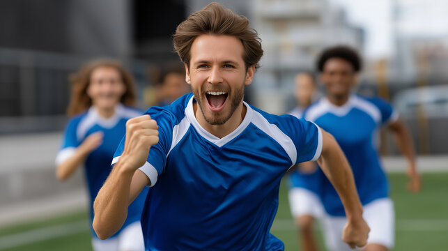 Ecstatic goal-scorer celebrates with teammates in dynamic action
