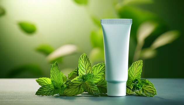 fresh mint toothpaste tube with mint leaves