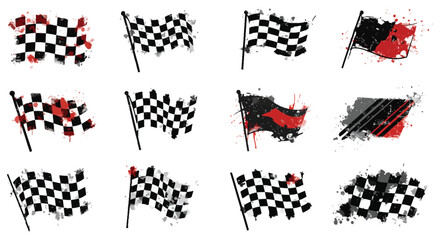 Collection of Checkered Racing Flags with Grunge Effects for Motorsport Themes