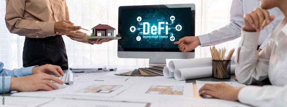 Poster group of interior architect designer discussing together on blueprint and laptop screen display arch