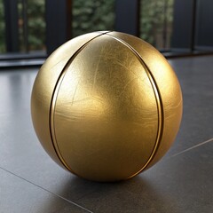 Create a high-resolution 3D render of a golden metallic sphere with a smooth, polished surface. The sphere has a diagonal cut or groove slicing through it, creating a modern, abstract aesthetic. 