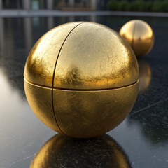 Create a high-resolution 3D render of a golden metallic sphere with a smooth, polished surface. The sphere has a diagonal cut or groove slicing through it, creating a modern, abstract aesthetic. 