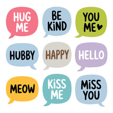 Collection of nine colorful speech bubbles with various positive and loving messages displayed inside them