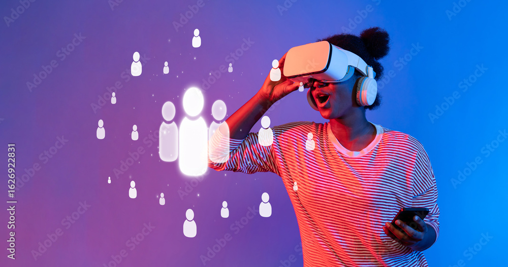 Poster a person immersed in a virtual reality experience engages with digital avatars, illustrating the evo