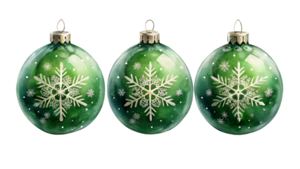 Three green christmas ornaments with snowflake design isolated on transparent background, perfect for adding a festive touch to your holiday season decorations