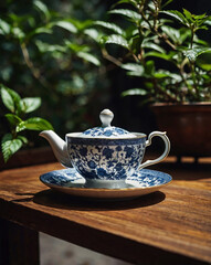 A collection of high-quality, cinematic-style photographs featuring elegant tea cups and teapots on rustic wooden tables. Surrounded by lush green leaves and natural light, these images evoke a calm, 