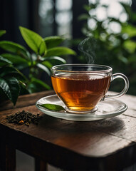A collection of high-quality, cinematic-style photographs featuring elegant tea cups and teapots on rustic wooden tables. Surrounded by lush green leaves and natural light, these images evoke a calm, 