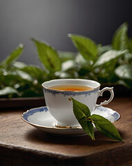 A collection of high-quality, cinematic-style photographs featuring elegant tea cups and teapots on rustic wooden tables. Surrounded by lush green leaves and natural light, these images evoke a calm, 