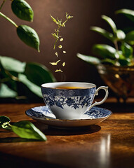 A collection of high-quality, cinematic-style photographs featuring elegant tea cups and teapots on rustic wooden tables. Surrounded by lush green leaves and natural light, these images evoke a calm, 