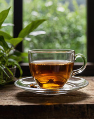 A collection of high-quality, cinematic-style photographs featuring elegant tea cups and teapots on rustic wooden tables. Surrounded by lush green leaves and natural light, these images evoke a calm, 