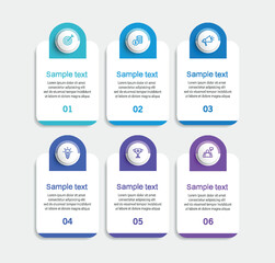 Business infographic design template with 6 options, steps or processes. Can be used for workflow layout, diagram, annual report, web design	
