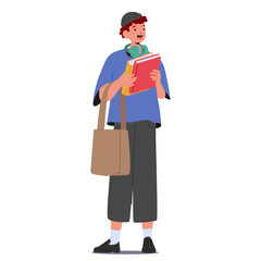 Jewish boy student cartoon character standing with studying supplies isolated on white background