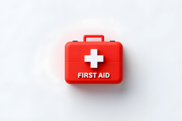 Fototapeta premium Red first aid kit box, emergency medical supply case used as portable healthcare safety pack or survival gear for home, made of durable plastic, isolated on a white background