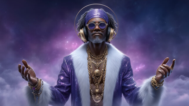 Man looks at camera wearing vibrant purple outfit and large headphones, hands raised in a welcoming gesture. Celestial background adds an artistic and mystical vibe