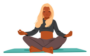 Teenage girl student cartoon character practicing mindfulness meditation, breathing sitting on mat