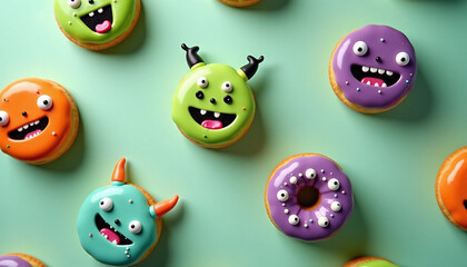 Naklejka premium Colorful Halloween monster donuts with playful icing faces and candy eyes on green background, fun and spooky treat flat lay