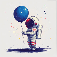Funny logo of joyful astronaut holding balloon in vibrant minimalist cartoon style Generative AI