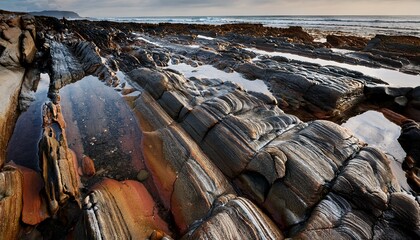 detailed close up of rocky tidal pools with textured brown and grey formations