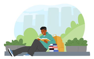 Carefree schoolboy character reading paper book in city park while sitting on stone parapet