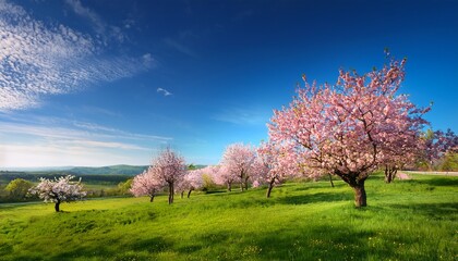 stunning natural scenery featuring blooming trees under a blue sky