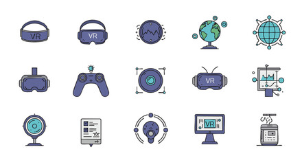 A collection of colorful outline icons representing virtual reality, metaverse, and futuristic technology concepts