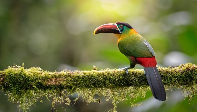 crimson rumped toucanet perched on mossy branch in rainforest