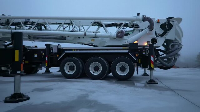 Industrial concrete pump truck with stabilization outriggers being set up on a construction site footage
