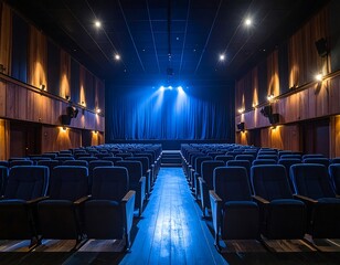 Naklejka premium Empty movie theater, blue light, wooden walls
