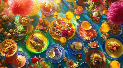 Fototapeta premium Vibrant Feast with Colorful Dishes and Fresh Ingredients on Table