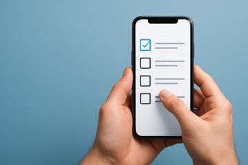 Checking List on Phone: A hand-held phone displays a check list, symbolizing task management and organization. a tap of a finger indicating interaction with digital interface