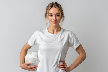A friendly sportswoman in a white tee holds a soccer ball at her hip, smiling confidently towards the viewer against a bright, neutral backdrop.