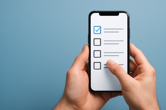Checking List on Phone: A hand-held phone displays a check list, symbolizing task management and organization. a tap of a finger indicating interaction with digital interface